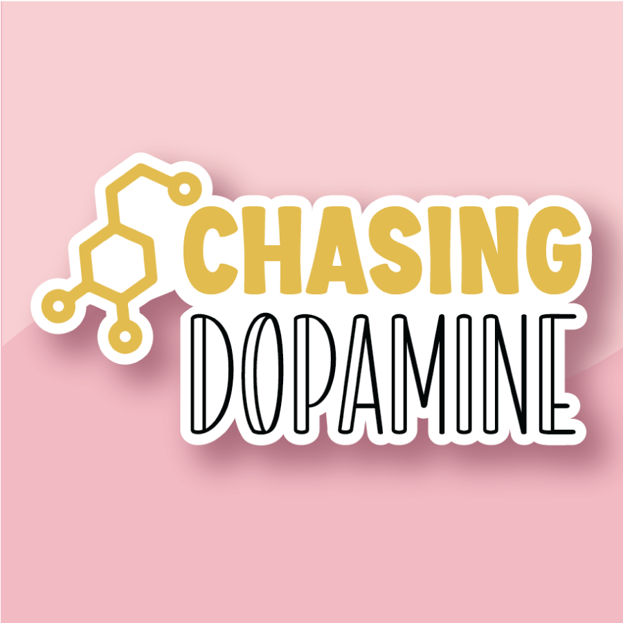 Yellow chemical compound makeup on left side with the words chasing dopamine stacked