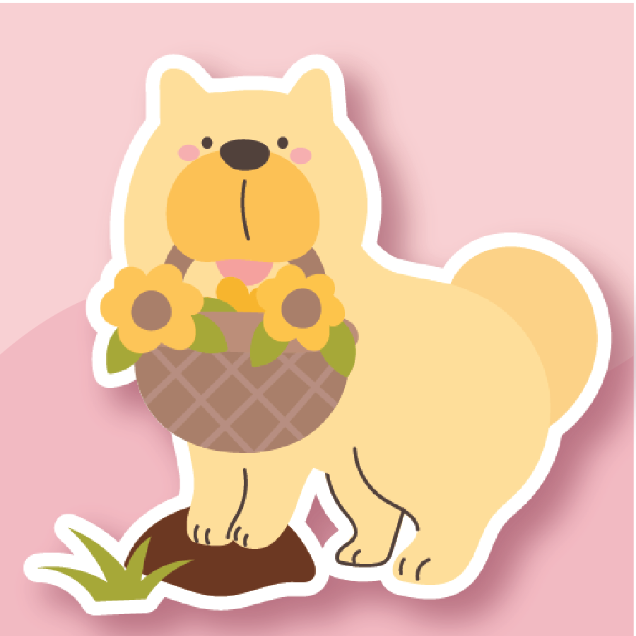 fluffy golden dog holds a basket of sunflowers and exudes pure fall joy.