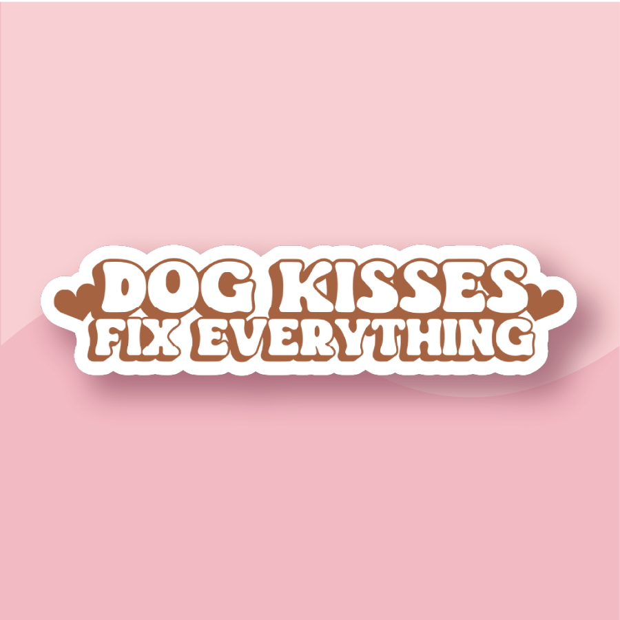 Brown Text flanked by hearts with stacked text that says Dog kisses fix everything