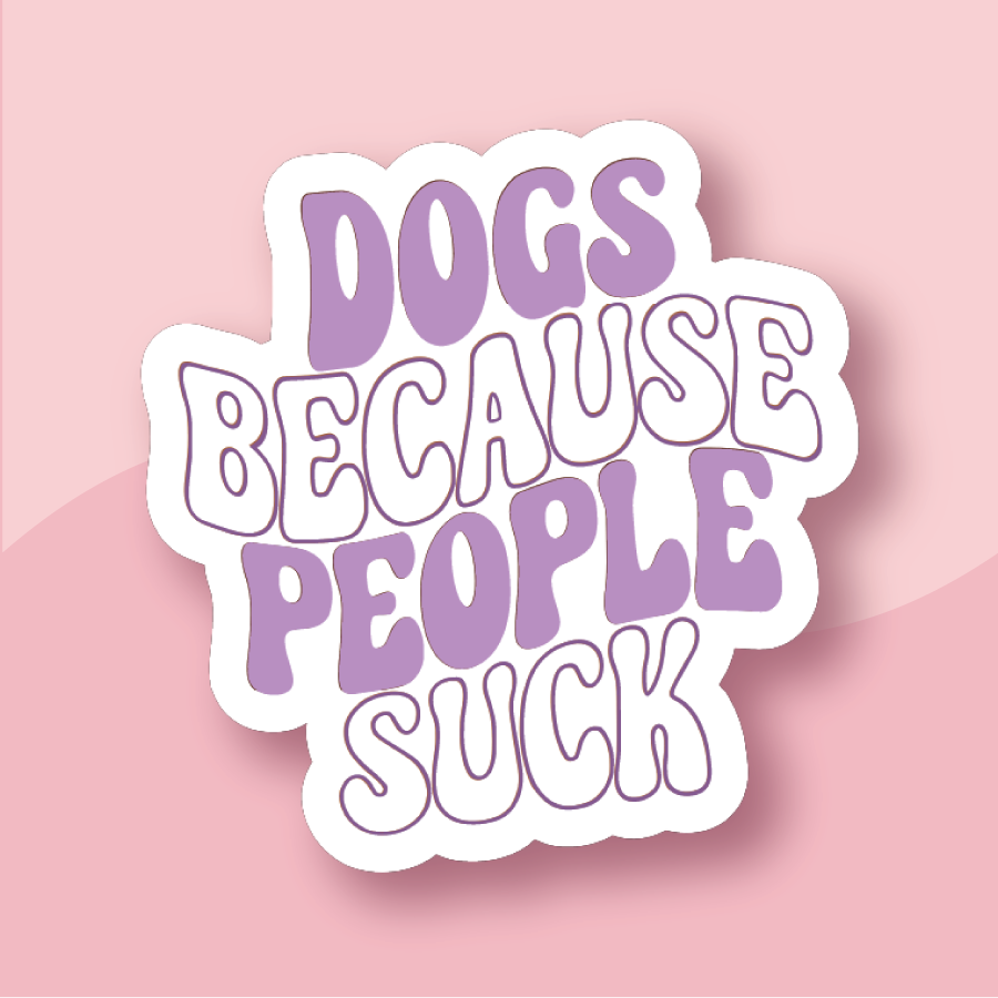 Purple stacked text dogs because people suck