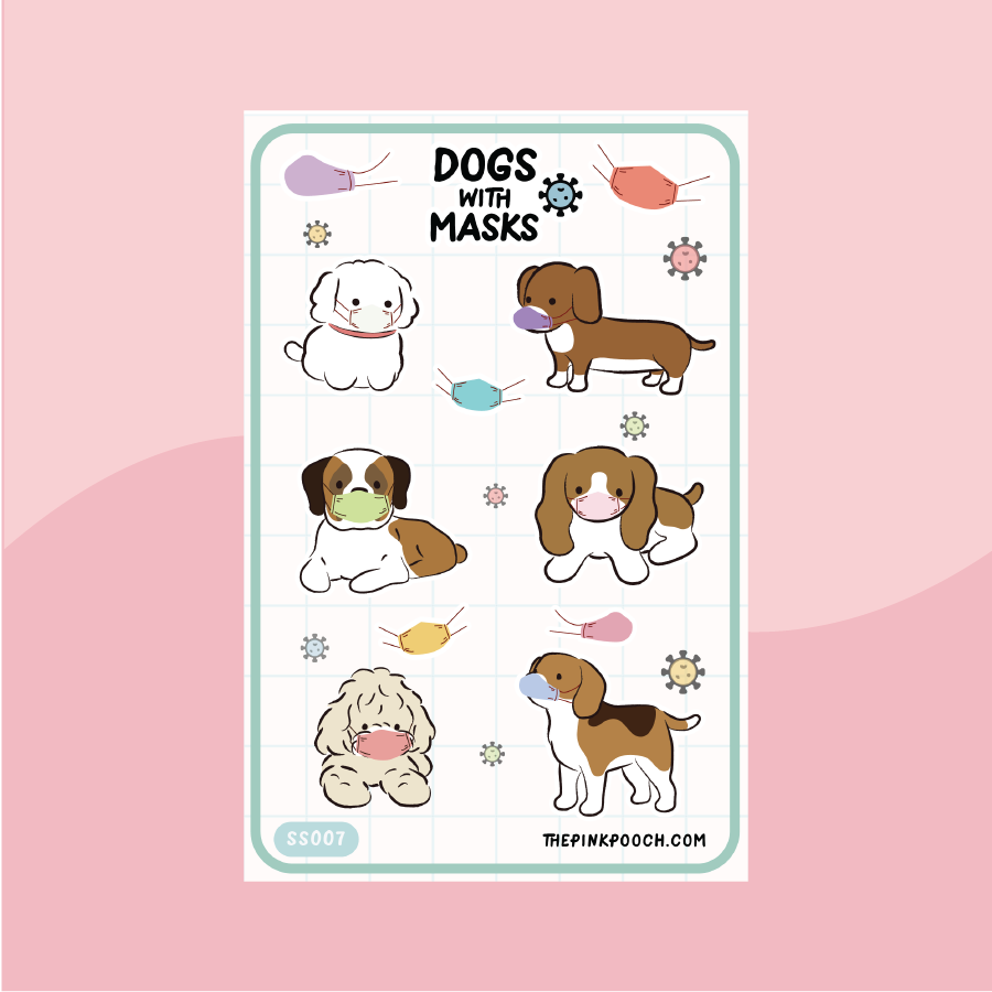 dogs wearing colorful face masks and playful mask illustrations
