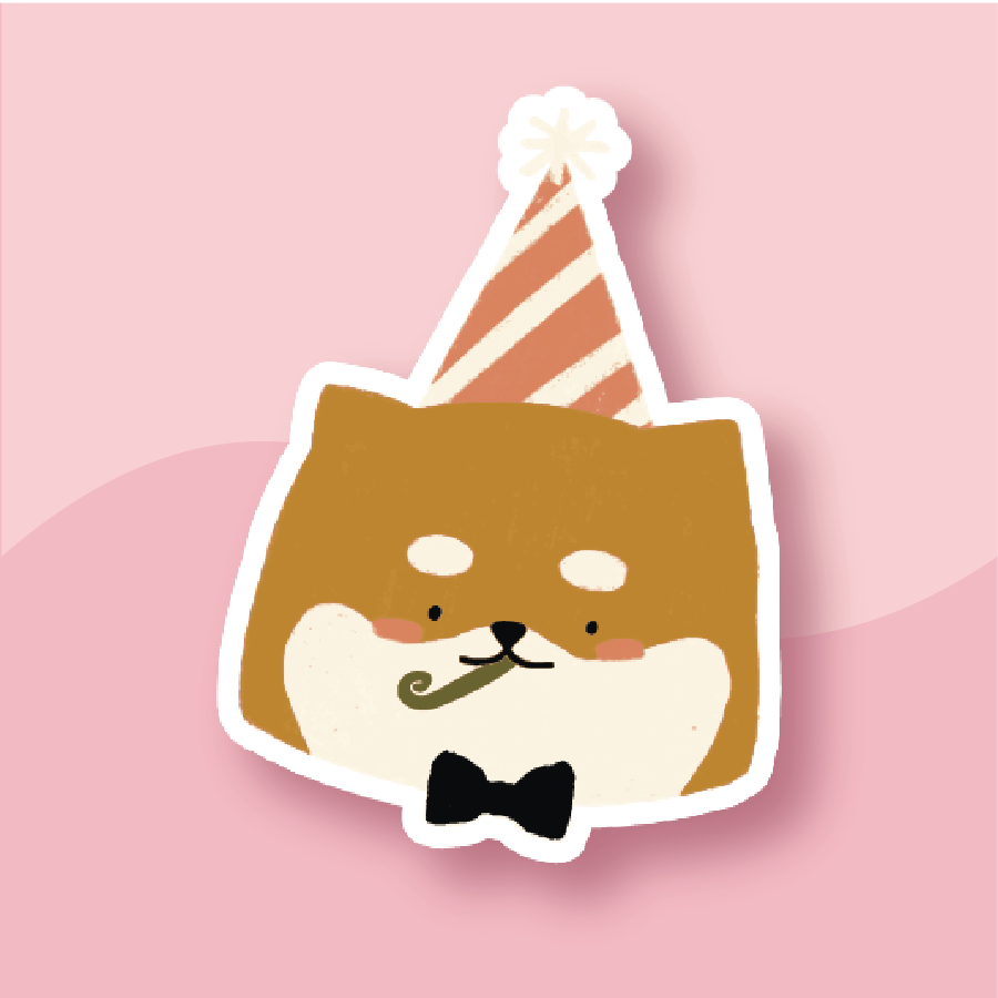 Shiba Inu ib a bowtie with a diagonal stripe party hat