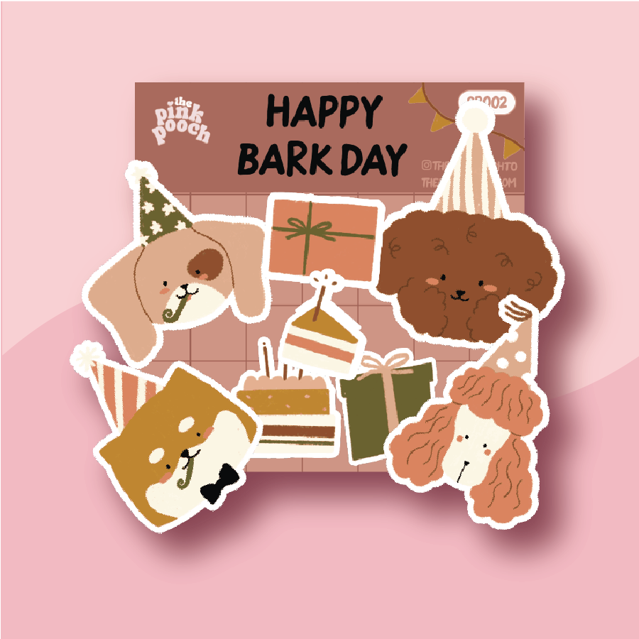 Four Dogs in party hat stickers with cake, presents bonus stickers