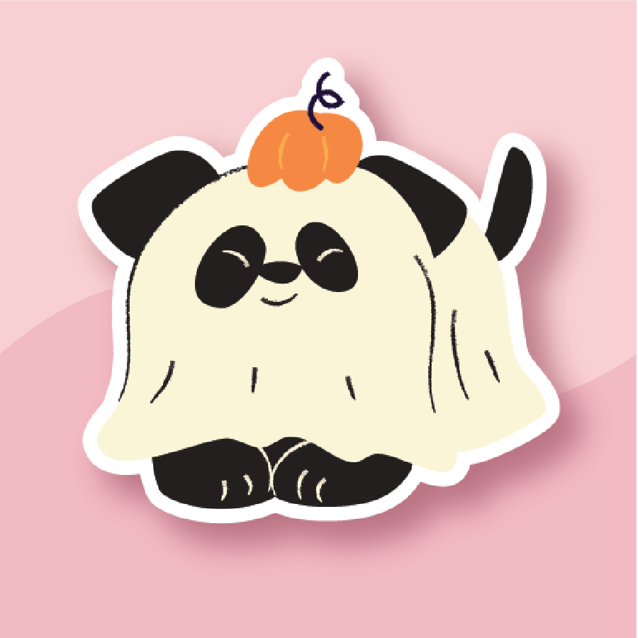 pup dressed as a ghost with a tiny pumpkin on its head