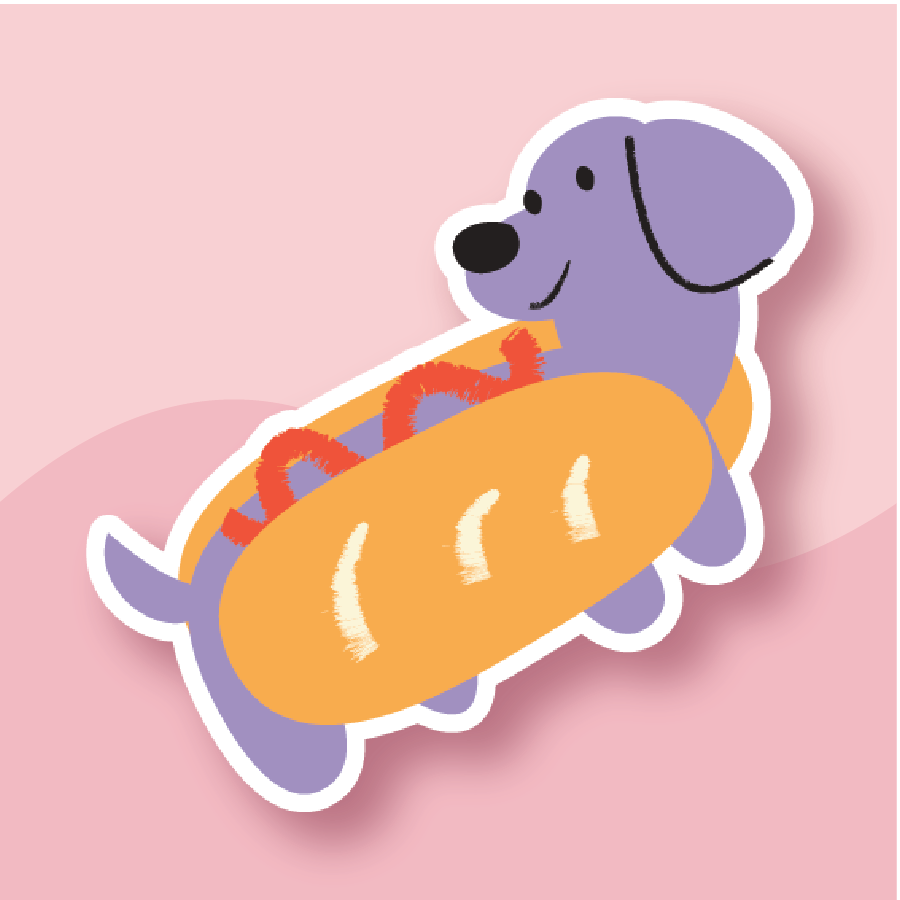 A purple sausage dog dressed as a hot dog