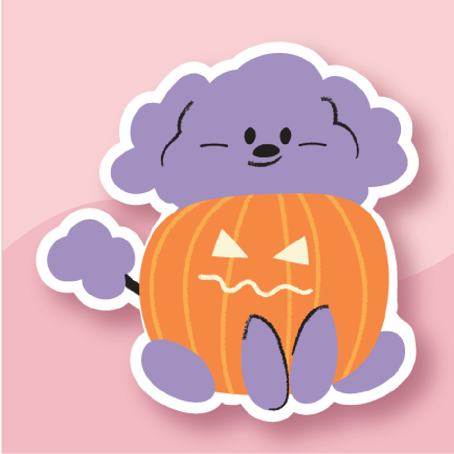 A fluffy dog popping out of a carved pumpkin