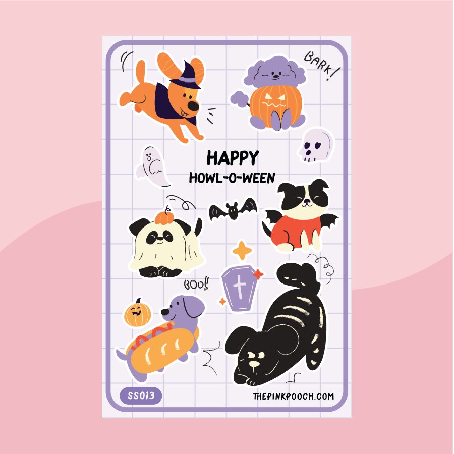 Dogs dressed in Halloween costumes surrounded by skulls, ghosts, a coffin, a bat and a pumpkin on a sticker sheet with a purple boarder
