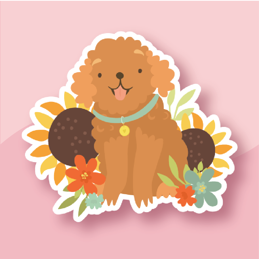 A golden poodle sitting happily among sunflowers and autumn leaves