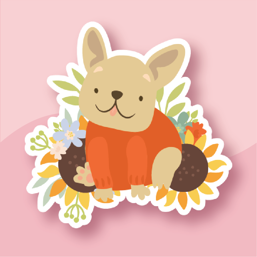 pup in a bright orange sweater, surrounded by sunflowers and little blue blossoms