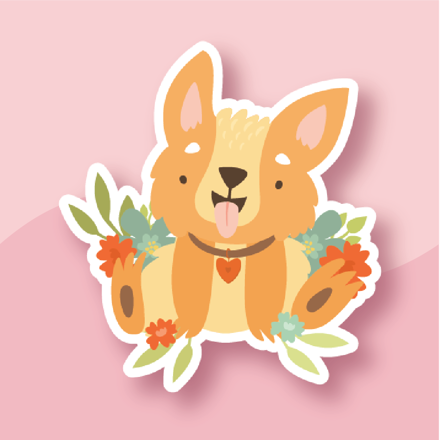 cheerful corgi with floral accents