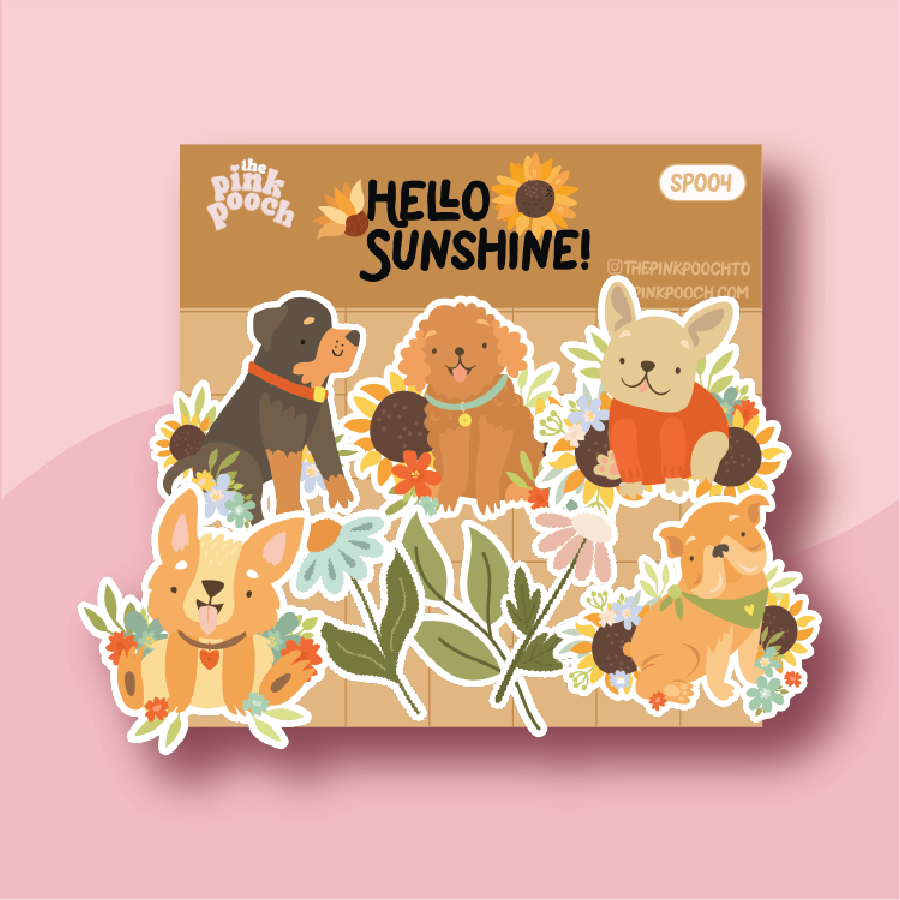 playful pups surrounded by cheerful sunflowers, delicate blooms, and vibrant greenery
