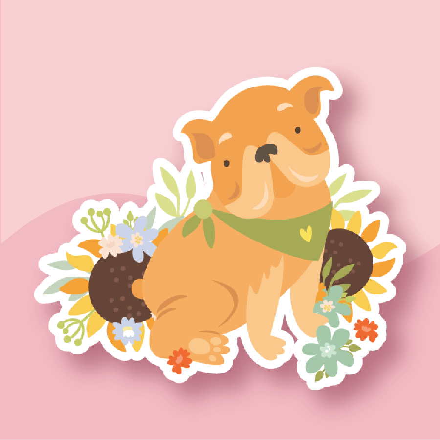 A golden retriever adorned with sunflowers and wearing a green bandana