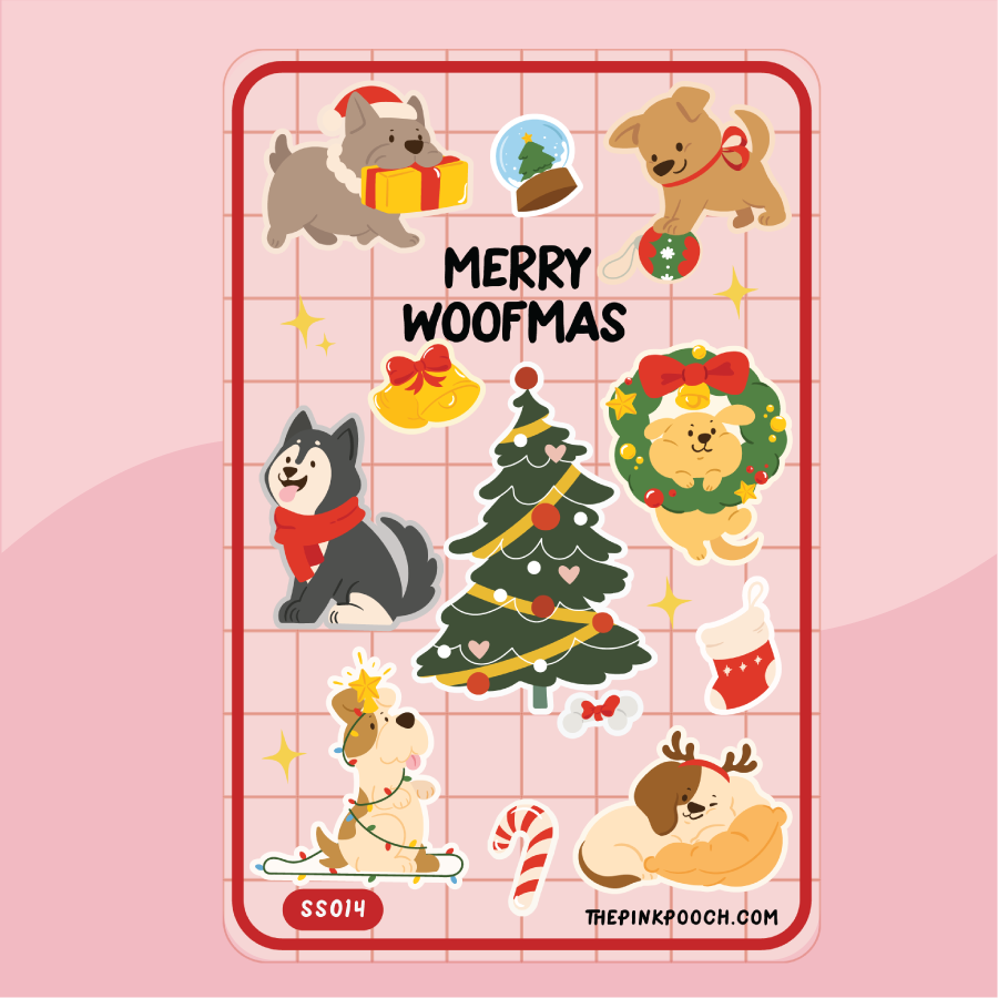 Merry Woofmas Sticker Sheet- Premium laminated kiss cut waterproof dog sticker sheet - Just $10