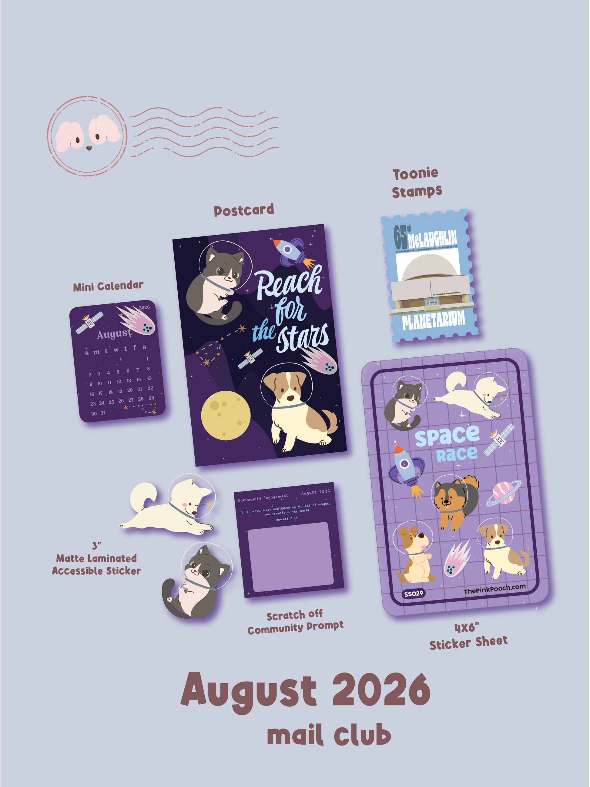 August 2026 mail club stationery set featuring a purple space-themed postcard, sticker sheet, mini calendar, stamps, scratch-off prompt, and a 3x5 matte laminated accessible sticker, all illustrated with cats and space elements on a light lavender background.