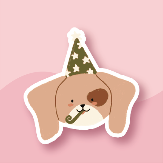 A cute beagle blowing a party horn