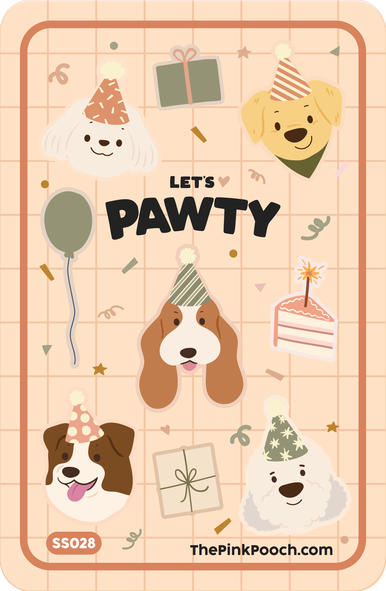  A glossy 4X6 inch kiss cut sticker sheet with 5 illustrated dogs celebrating a birthday party with balloons, cake, presents and confetti in a soft pastel colours