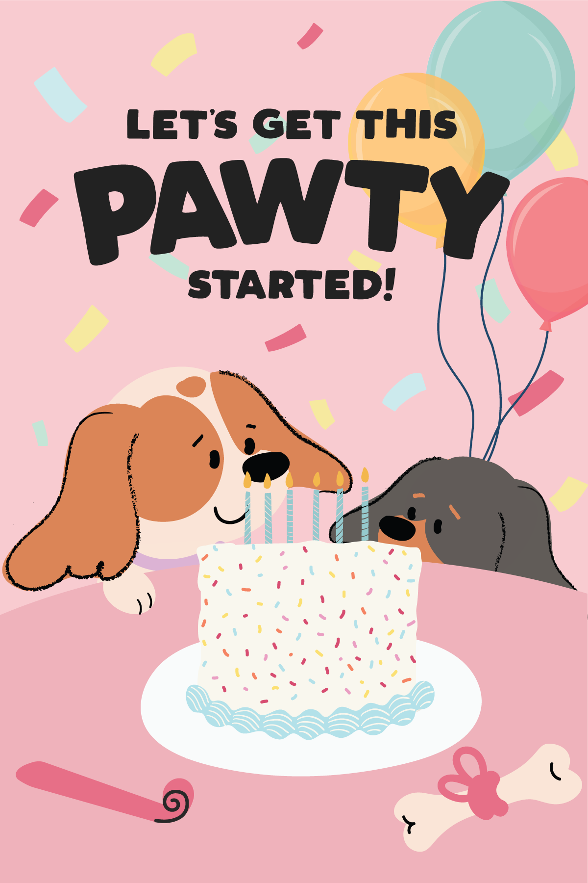 The postcard is portrait-oriented with a light pink background. Two dogs peek over the edge of a white birthday cake covered in colourful sprinkles. A brown and white Cavalier King Charles Spaniel appears on the left, while a black and tan Cavalier King Charles Spaniel dog appears on the right. Three balloons float above the cake in teal, yellow, and coral. Large rose gold foiled text across the top reads, "Let's Get This Pawty Started!" Confetti is scattered throughout the background, with a white confetti