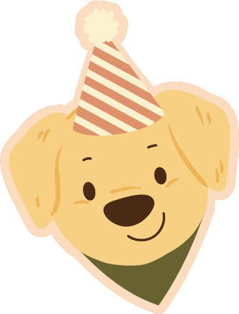 A yellow pointy-eared golden retriever wearing a burnt orange party hat with horizontal cream strips, a cream pom on top and a forest green banana