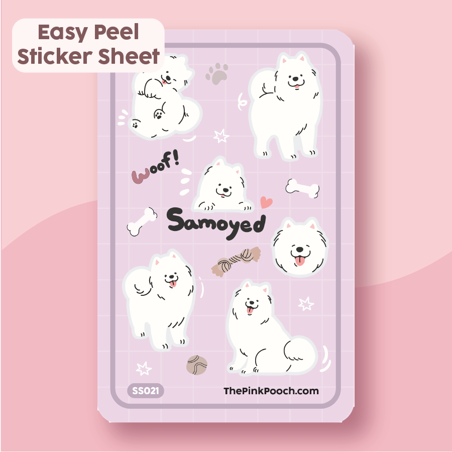 Samoyed Dogs Sticker Sheet - Premium Waterproof Laminated Easy Peel Kiss Cut Sticker Sheet - Just $10
