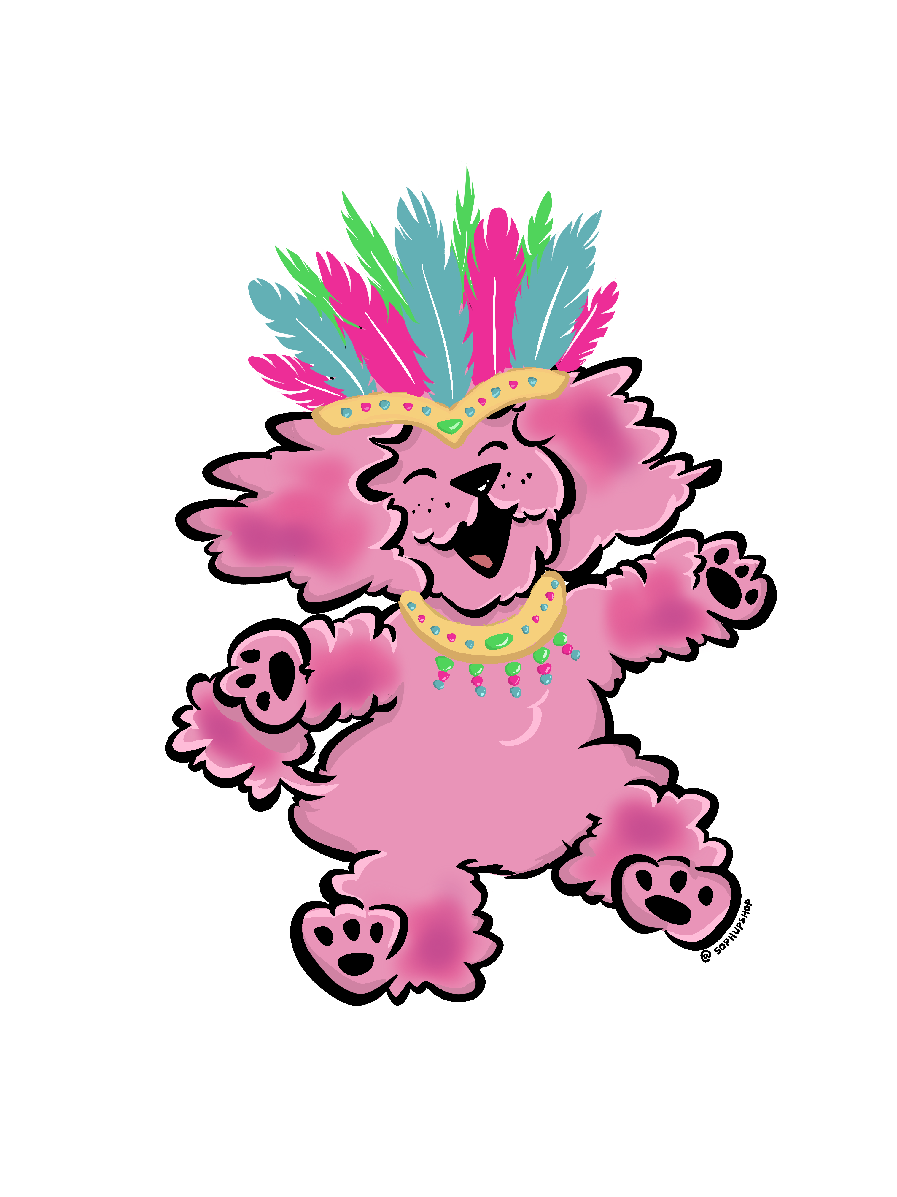 A hot pink poodle-type dog standing on its hind legs wearing a Caribbean Carnival headpiece and matching necklace. Illustrated by SophUpShop.